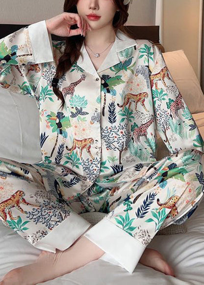Loose Photo Color Peter Pan Collar Print Ice Silk PajamasTwo Pieces Set Spring YK006