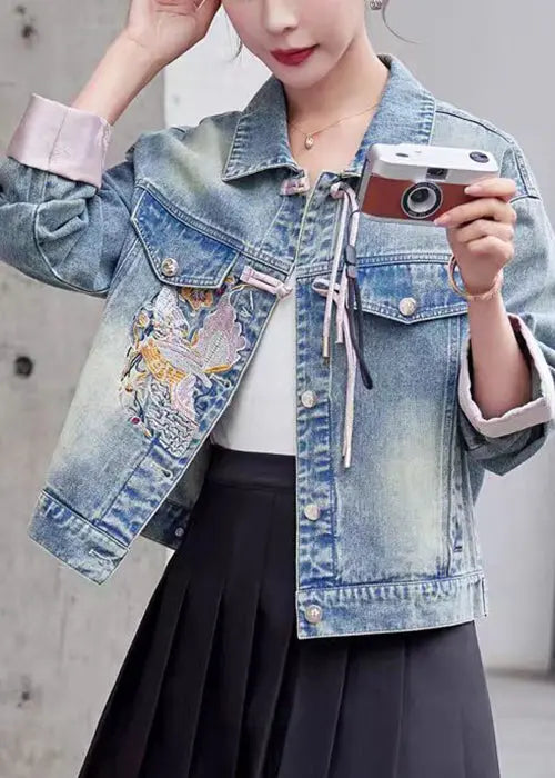 Loose Pink Embroidered Button Denim Coat Long Sleeve Ada Fashion