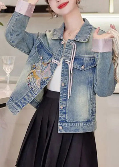 Loose Pink Embroidered Button Denim Coat Long Sleeve Ada Fashion