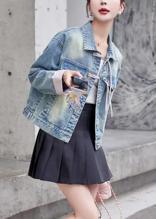 Loose Pink Embroidered Button Denim Coat Long Sleeve Ada Fashion