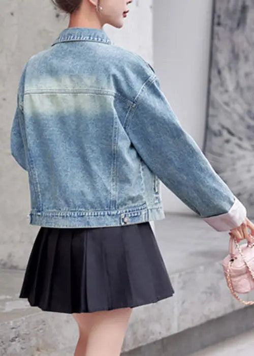 Loose Pink Embroidered Button Denim Coat Long Sleeve Ada Fashion