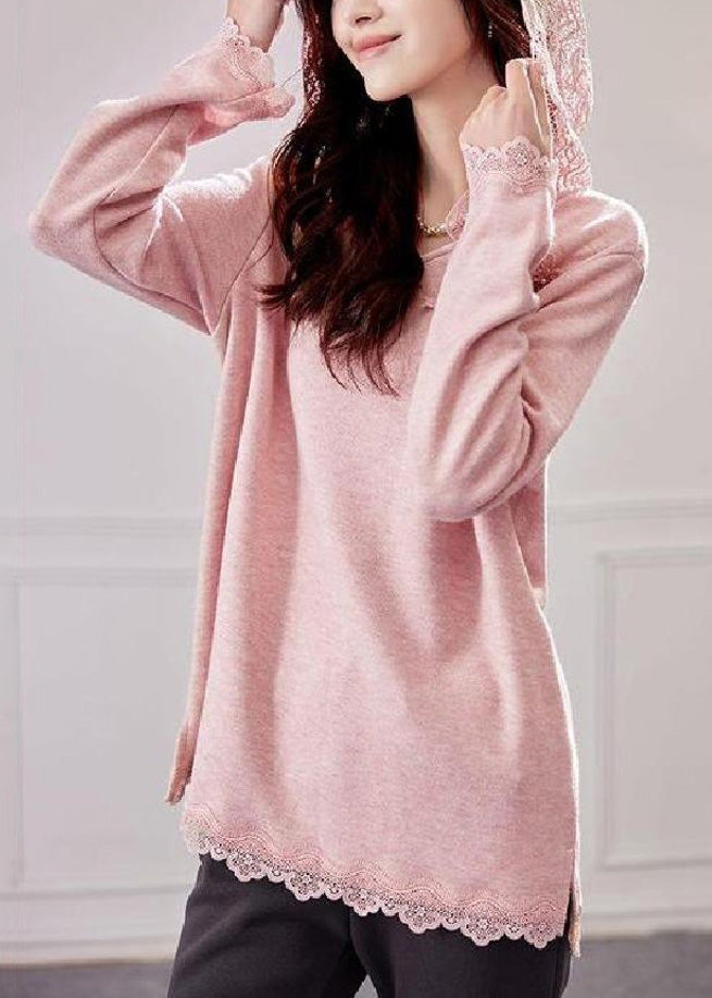 Mit Kapuze Stricken Patchwork Shirt Tops Lose Rosa Spitze