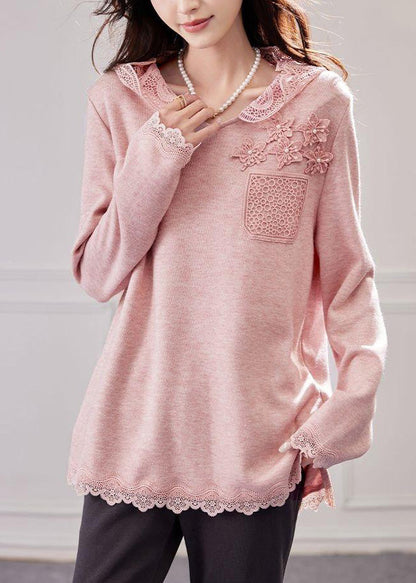 Mit Kapuze Stricken Patchwork Shirt Tops Lose Rosa Spitze