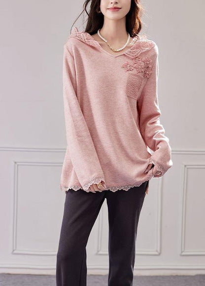 Mit Kapuze Stricken Patchwork Shirt Tops Lose Rosa Spitze
