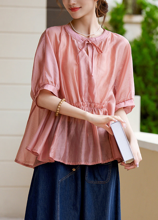 Loose Pink O-Neck Patchwork Wrinkled Lace Tie Silk Shirt Summer WW054