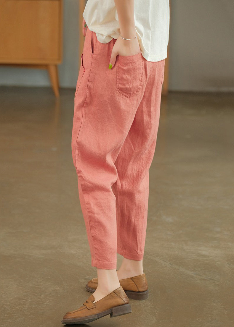 Sommer Crop Loose Pants Solid Leinen Rosa Taschen