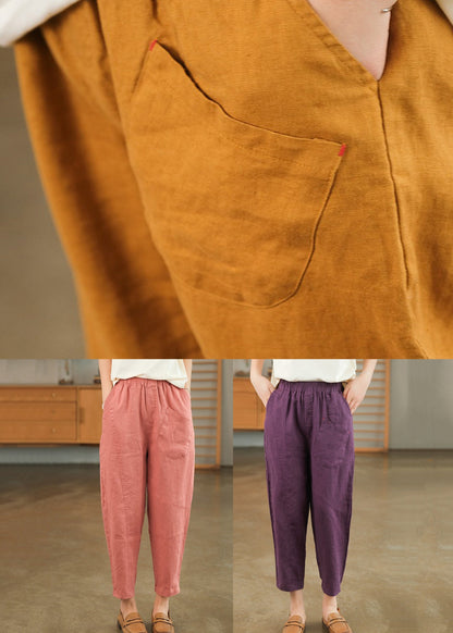 Sommer Crop Loose Pants Solid Leinen Rosa Taschen