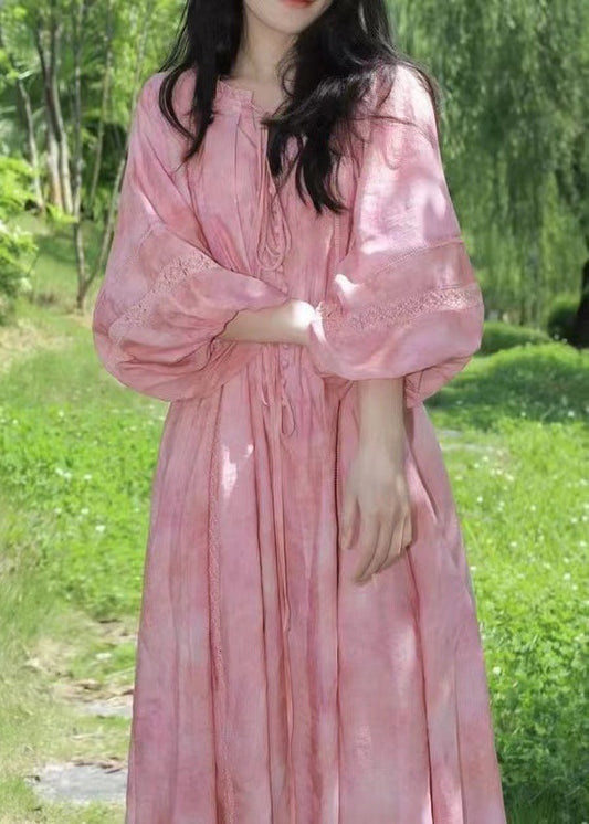 Lose Spitze Laterne Rosa Rüschen Kleid Langarm Baumwolle Up