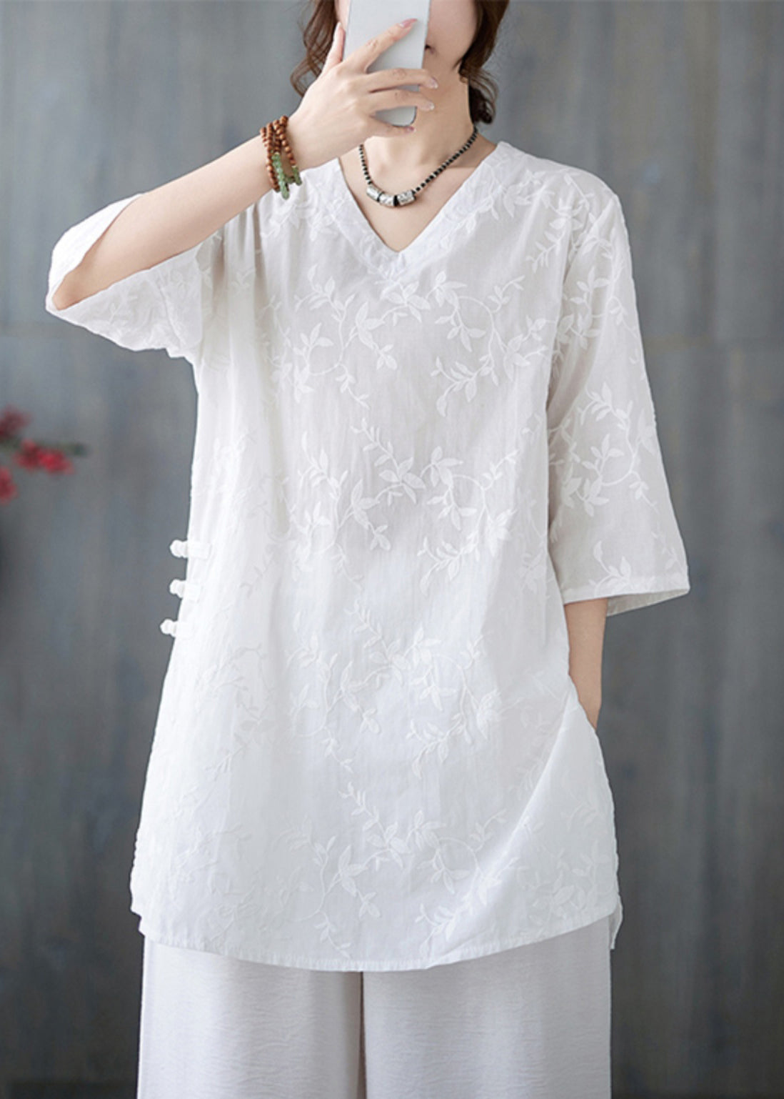 Neck V Bracelet Pink Sleeve Cotton Loose Top Embroidered