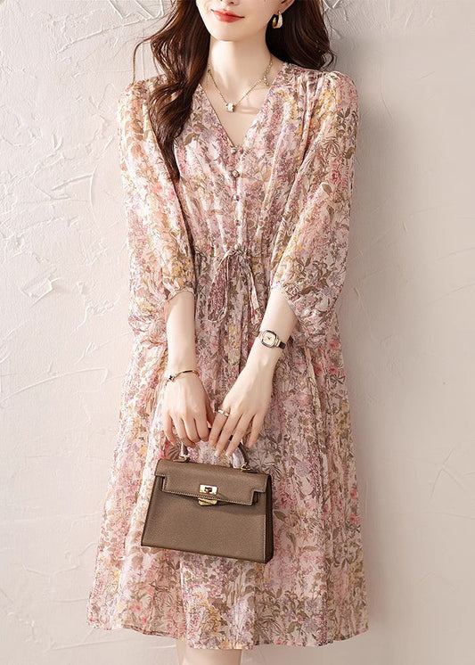 V Chiffon Kleid Lose Sommer Hals Print Kordelzug Rosa