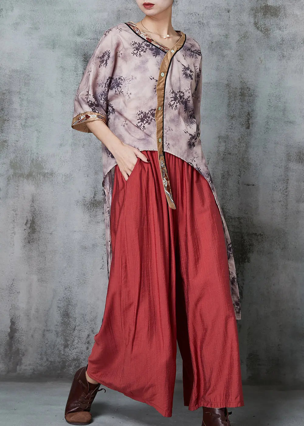 Loose Purple Asymmetrical Print Linen Two Pieces Set Summer Ada Fashion