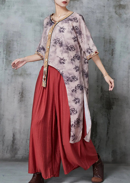 Loose Purple Asymmetrical Print Linen Two Pieces Set Summer Ada Fashion