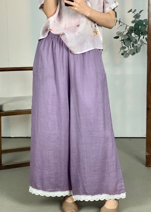 Pantalon large patchwork taille ample lin violet dentelle élastique