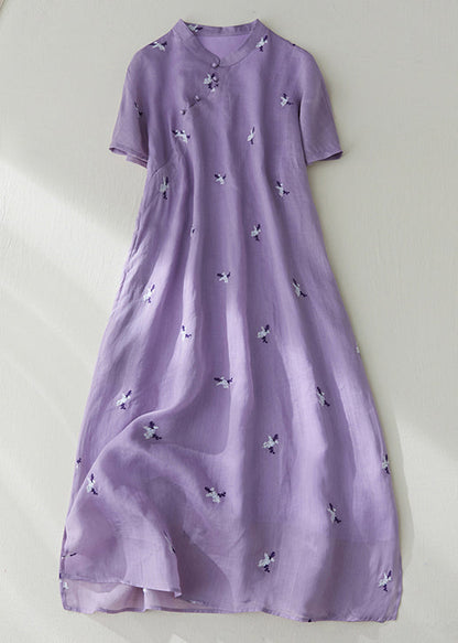 Robe ample en coton avec poches à boutons brodés violets été VV010