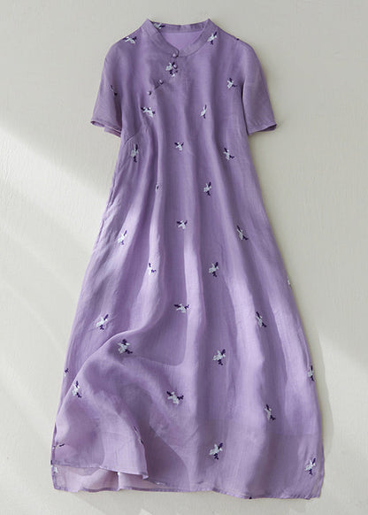 Robe ample en coton avec poches à boutons brodés violets été VV010