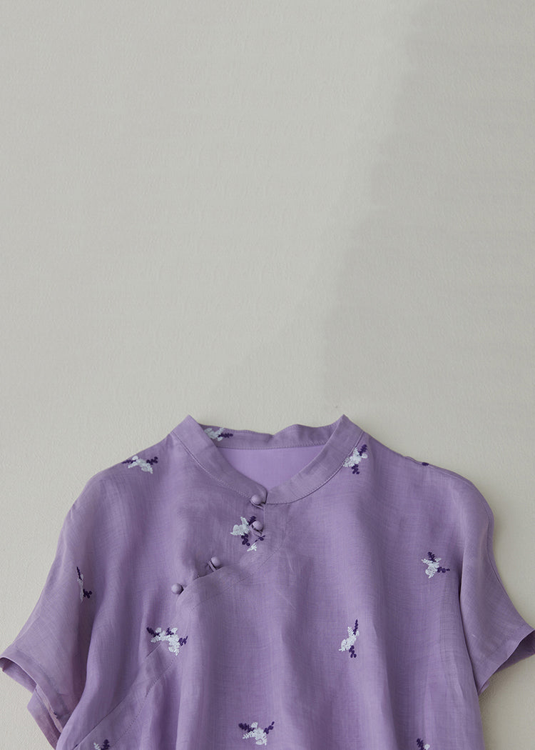 Loose Purple Embroidered Button Pockets Cotton Dress Summer VV010