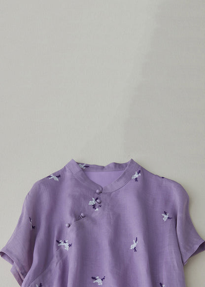 Robe ample en coton avec poches à boutons brodés violets été VV010