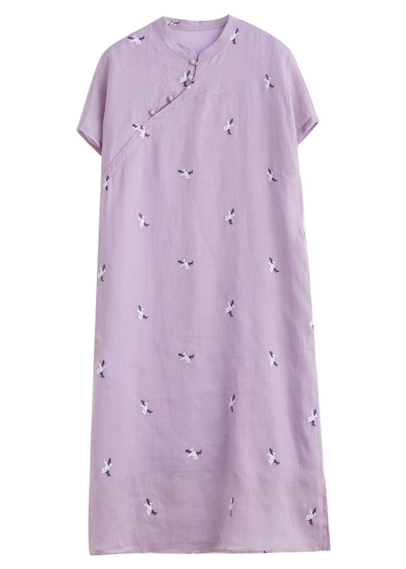 Loose Purple Embroidered Button Pockets Cotton Dress Summer VV010