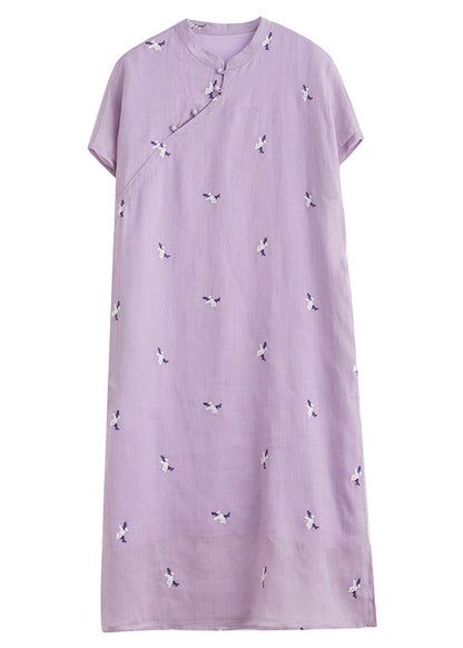 Robe ample en coton avec poches à boutons brodés violets été VV010