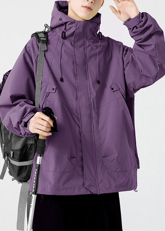 Hooded Loose Cotton Men Drawstring Pockets Purple Spring Coat