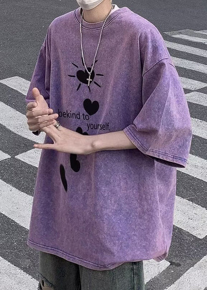 Sleeve Shirt Purple Letter Half T Print Cotton Men Loose Love