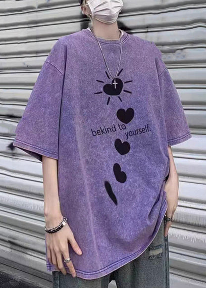 Sleeve Shirt Purple Letter Half T Print Cotton Men Loose Love