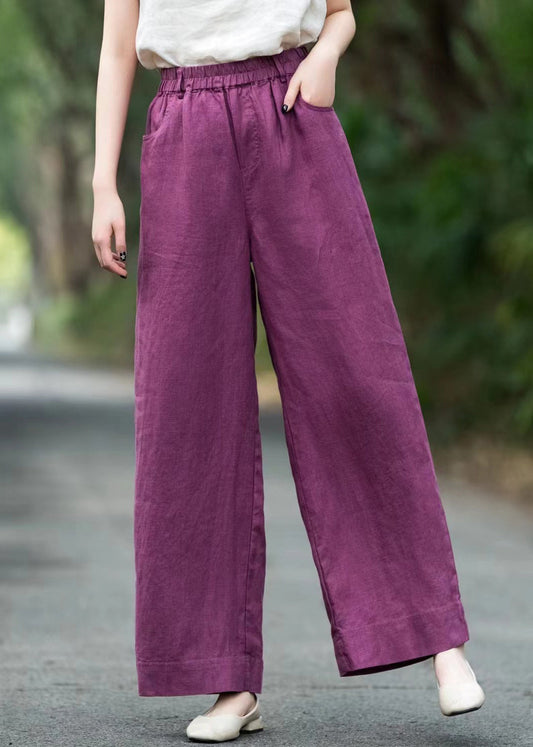 Pantalon ample à poches, uni, taille élastique, lin violet, été