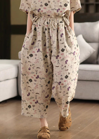 Pantalon court ample en lin à cordon de serrage et imprimé violet pour l'été