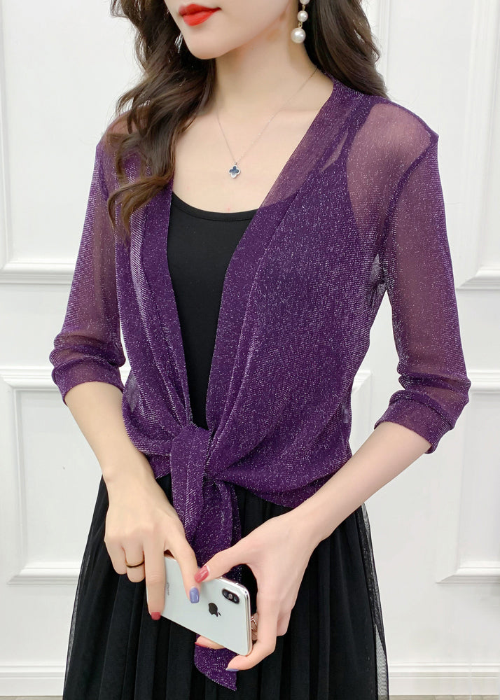 Loose Purple V Neck Bright Silk Tulle Cardigans Summer Ada Fashion