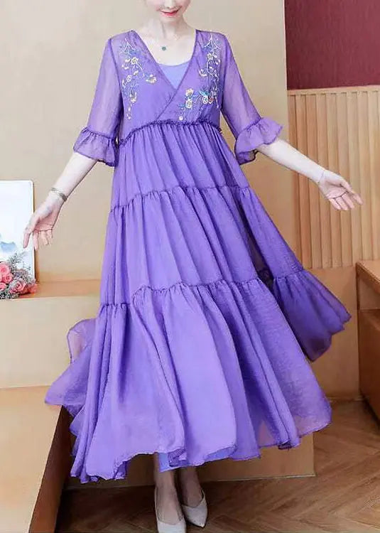 Loose Purple V Neck Embroidered Wrinkled Patchwork Chiffon Dress Summer Ada Fashion