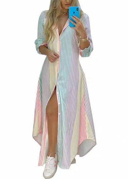 Kleid Regenbogen Shirts Lose Gestreiften Frühling Taste Baumwolle