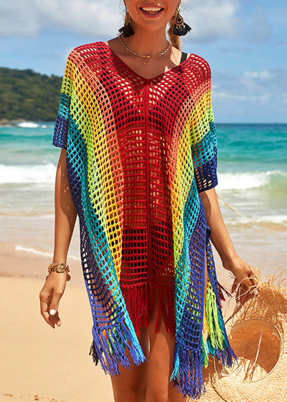 Loose Rainbow V-Neck Hollow Out Knit Cover Up Swimwear VC069