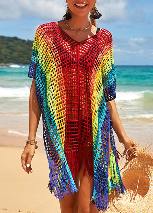 Loose Rainbow V-Neck Hollow Out Knit Cover Up Swimwear VC069
