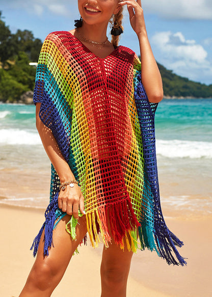 Loose Rainbow V-Neck Hollow Out Knit Cover Up Swimwear VC069