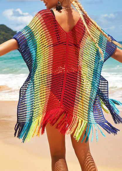 Loose Rainbow V-Neck Hollow Out Knit Cover Up Swimwear VC069
