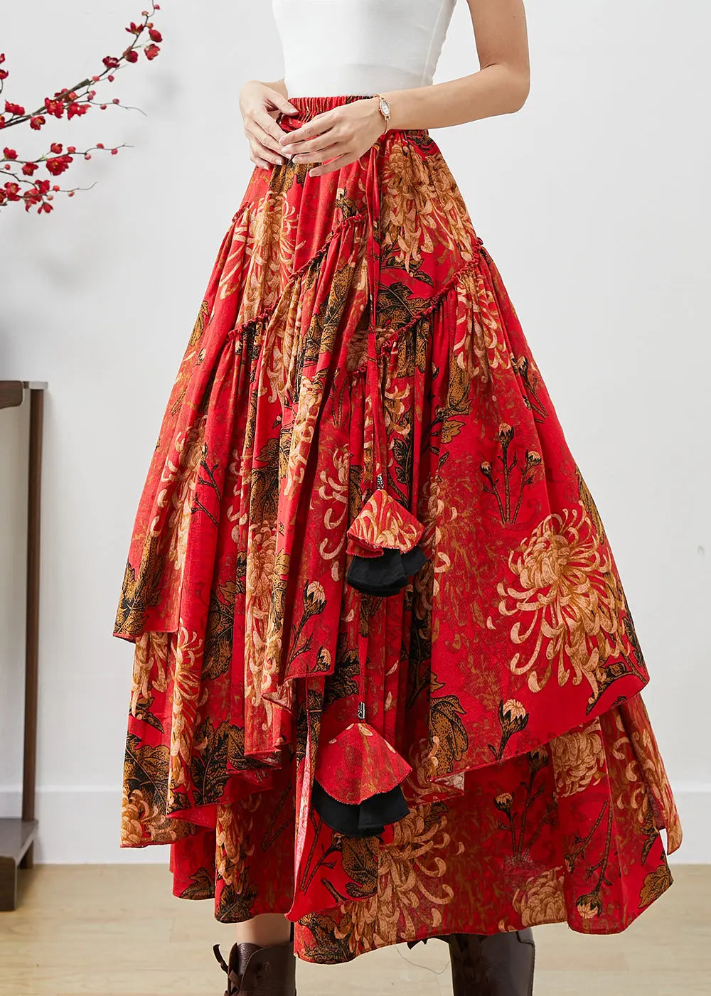 Loose Red Asymmetrical Print Cotton A Line Skirts Fall Ada Fashion