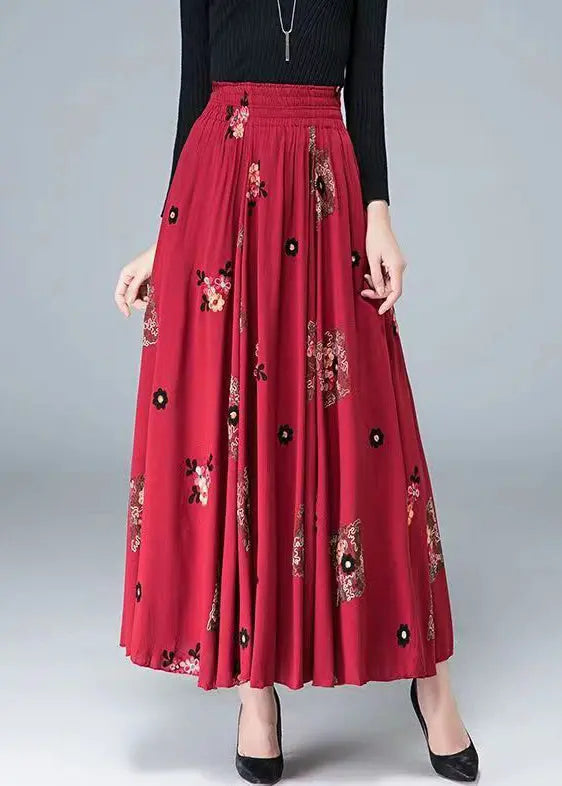 Loose Red Embroidered High Waist Patchwork Cotton Skirt Fall Ada Fashion