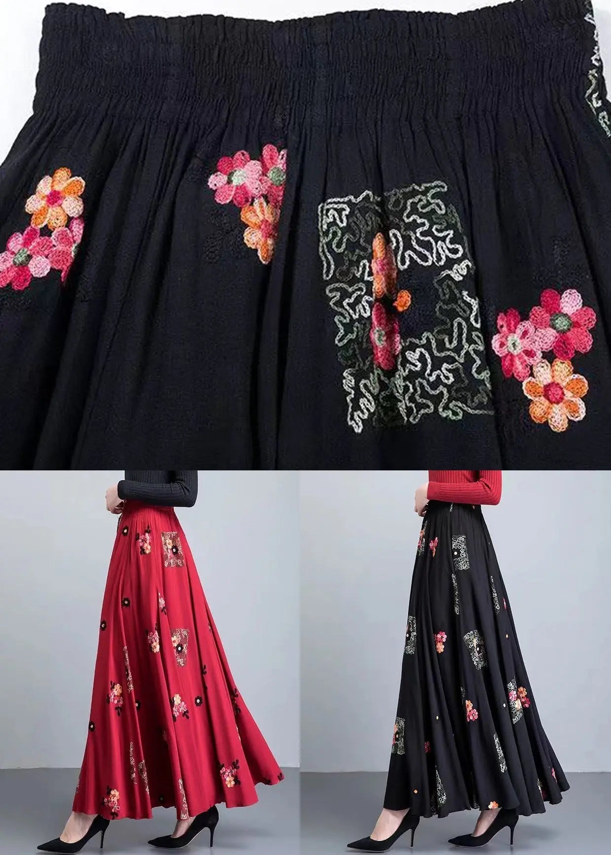 Loose Red Embroidered High Waist Patchwork Cotton Skirt Fall Ada Fashion