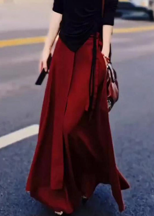 Loose High Lace Waist Up Pockets Red Skirt Summer