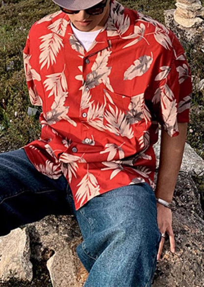 Red Peter Collar Print Summer Pan Men Shirt Cotton Button Loose