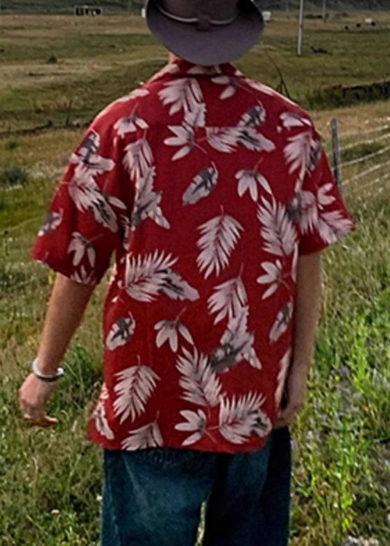 Red Peter Collar Print Summer Pan Men Shirt Cotton Button Loose