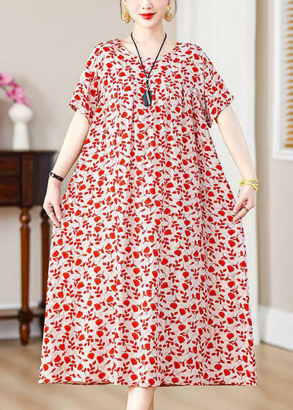 Robe longue ample en coton avec poches et imprimé rouge pour l'été QE019