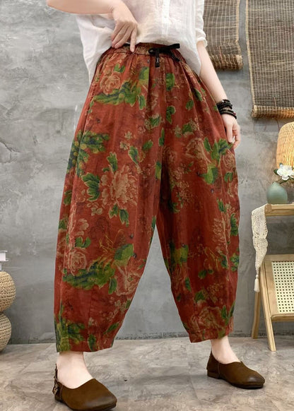 Pantalon court ample en lin avec poches imprimées rouges pour l'été GG057