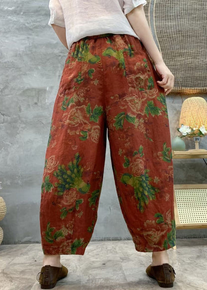 Pantalon court ample en lin avec poches imprimées rouges pour l'été GG057