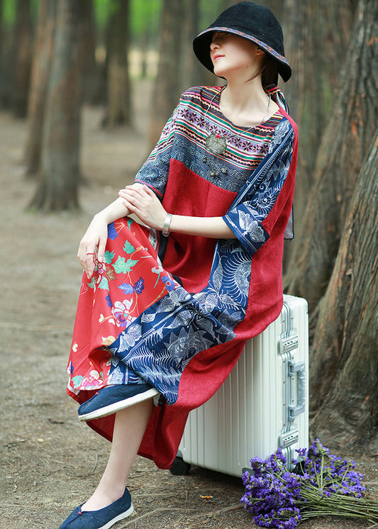 Loose Red Print Pockets Patchwork Cotton Maxi Dresses Half Sleeve KK096