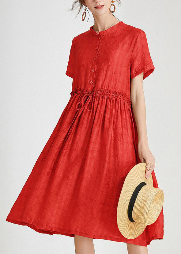 Loose Red Ruffled Tie Waist Silk Dress Short Sleeve Ada Fashion