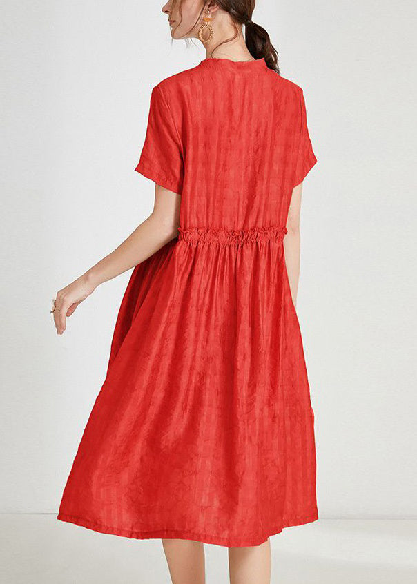 Loose Red Ruffled Tie Waist Silk Dress Short Sleeve Ada Fashion