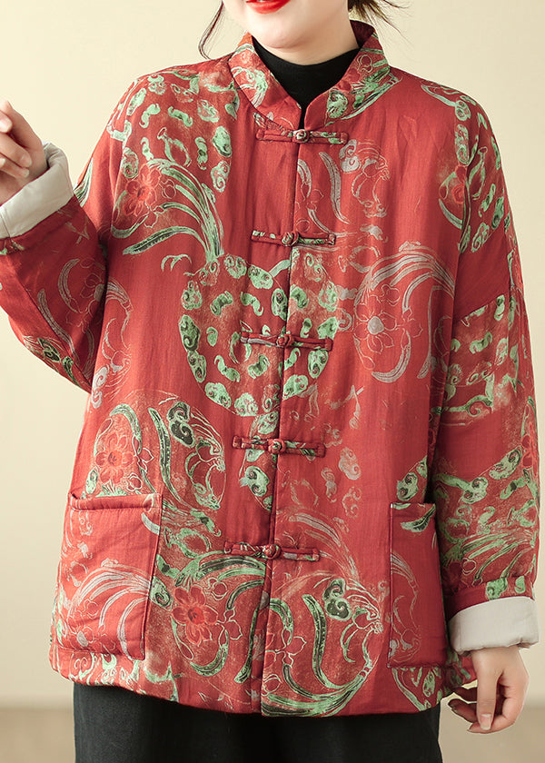 Loose Red Stand Collar Button Print Parka Winter QG002