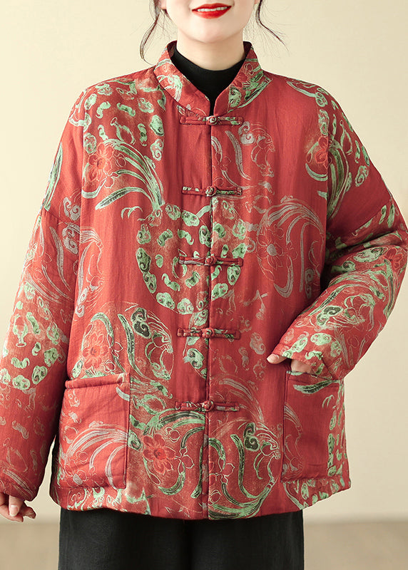 Loose Red Stand Collar Button Print Parka Winter QG002