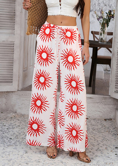 Pantalon d'été taille haute large et ample, motif tournesol rouge